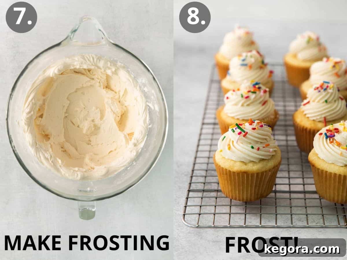 Steps 7 and 8: making the frosting and frosting the cupcakes.