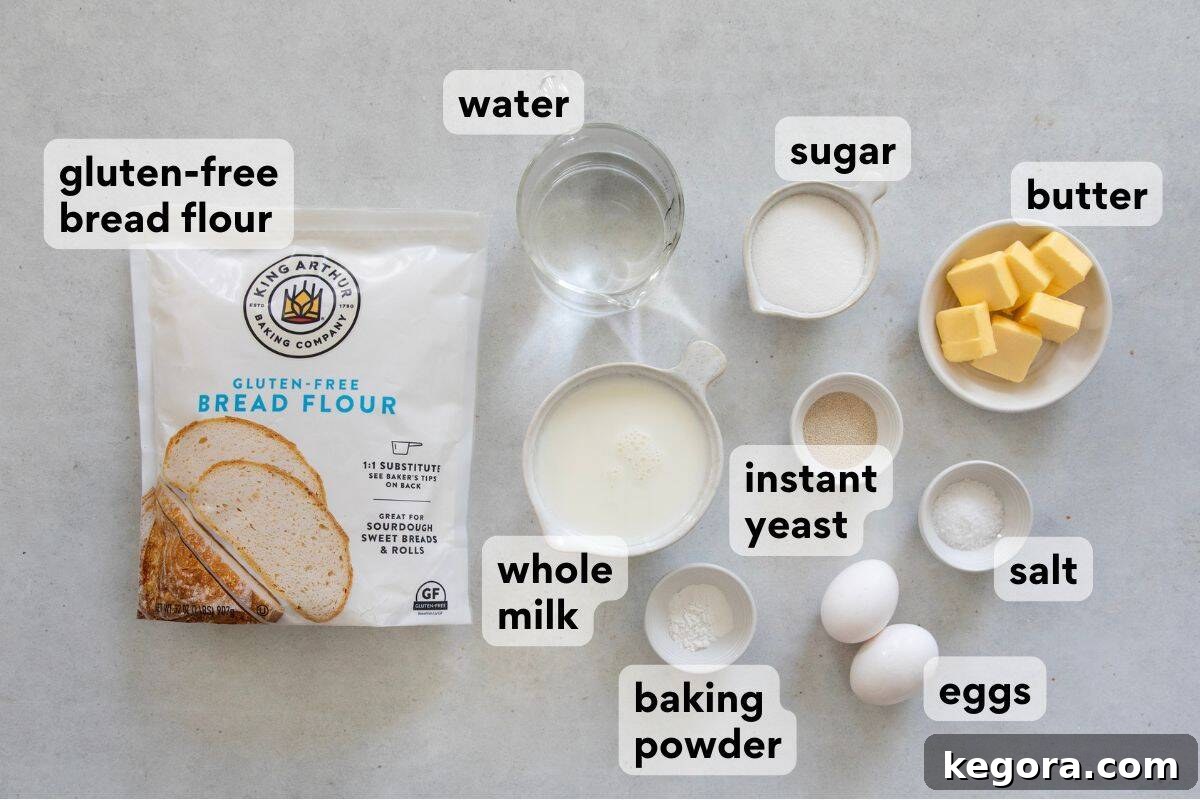 Zesty Gluten-Free Orange Buns 4 A selection of precisely measured ingredients for gluten-free orange roll dough, including flour, sugar, yeast, salt, baking powder, water, milk, eggs, and melted butter, arranged on a rustic wooden surface.
