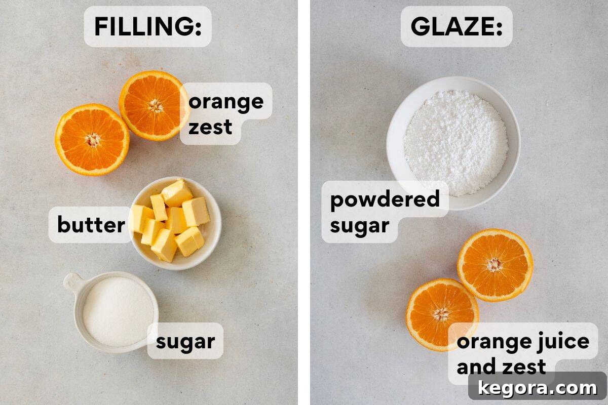 A selection of ingredients for the orange filling and glaze, including melted butter, granulated sugar, fresh orange zest, and powdered sugar, neatly arranged.
