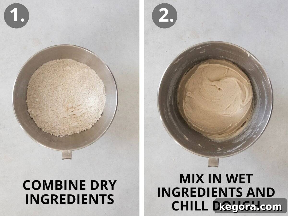 Zesty Gluten-Free Orange Buns 6 The initial steps of making gluten-free orange rolls, showing dry ingredients being combined in a stand mixer, followed by the addition of wet ingredients, and then the dough chilling in a covered bowl.