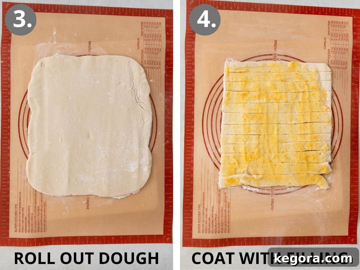 Visual steps illustrating how to roll out the chilled dough into a square and then spread the orange filling evenly across its surface.