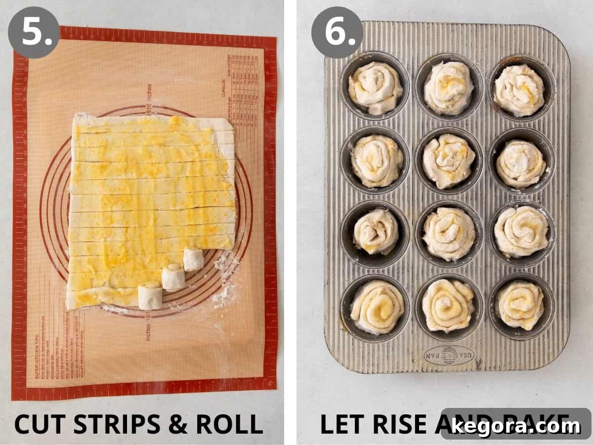 Photos showing the final steps: cutting dough strips, rolling them into orange rolls, allowing them to rise, and then baking until golden.