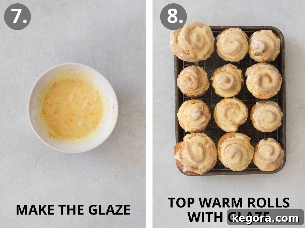Images demonstrating the preparation of the orange glaze and drizzling it over warm, freshly baked orange rolls.