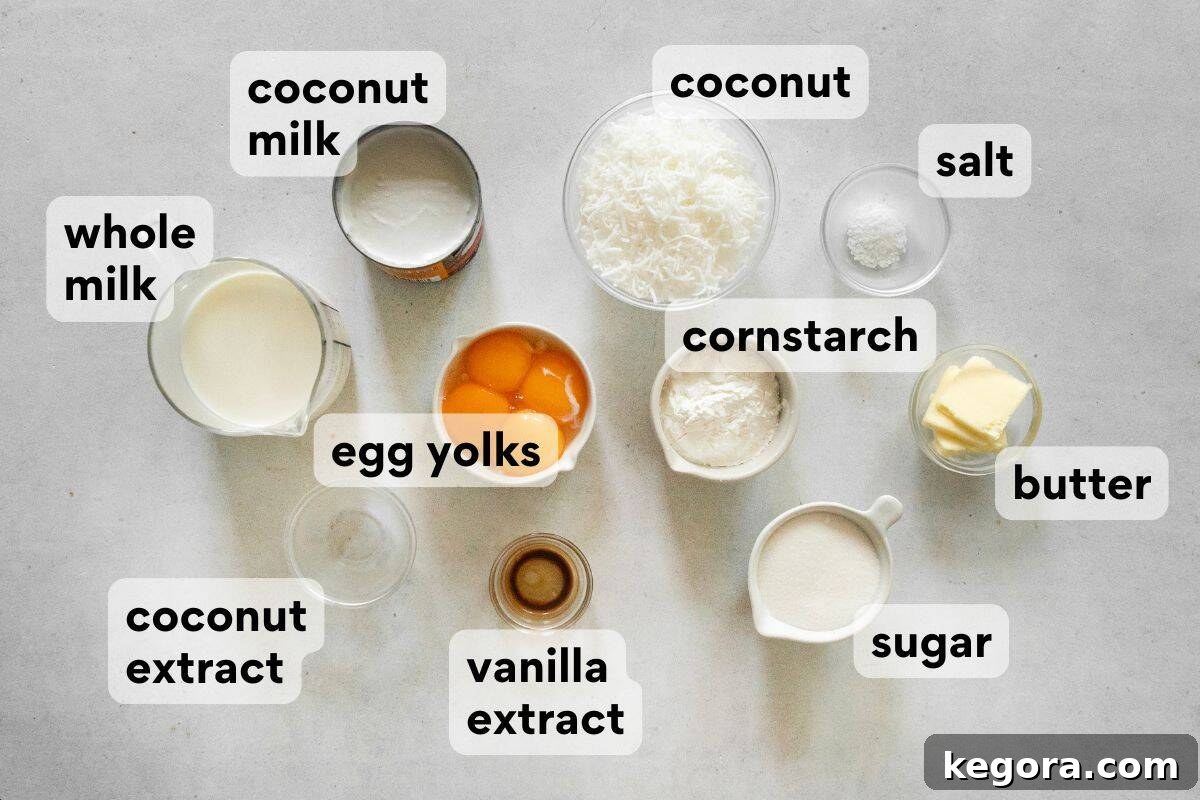 Gluten-Free Coconut Cloud Pie 4 Measured and labeled ingredients for gluten-free coconut cream pie filling, including egg yolks, cornstarch, and milk.