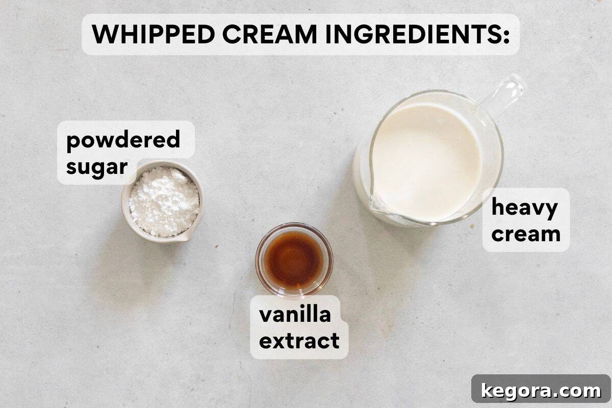 Gluten-Free Coconut Cloud Pie 5 Measured and labeled ingredients for whipped cream topping, including heavy cream and powdered sugar.