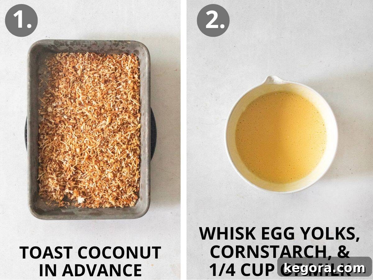 Gluten-Free Coconut Cloud Pie 6 Steps 1 and 2 of making coconut cream pie: toasting coconut and whisking egg yolks with cornstarch and milk.