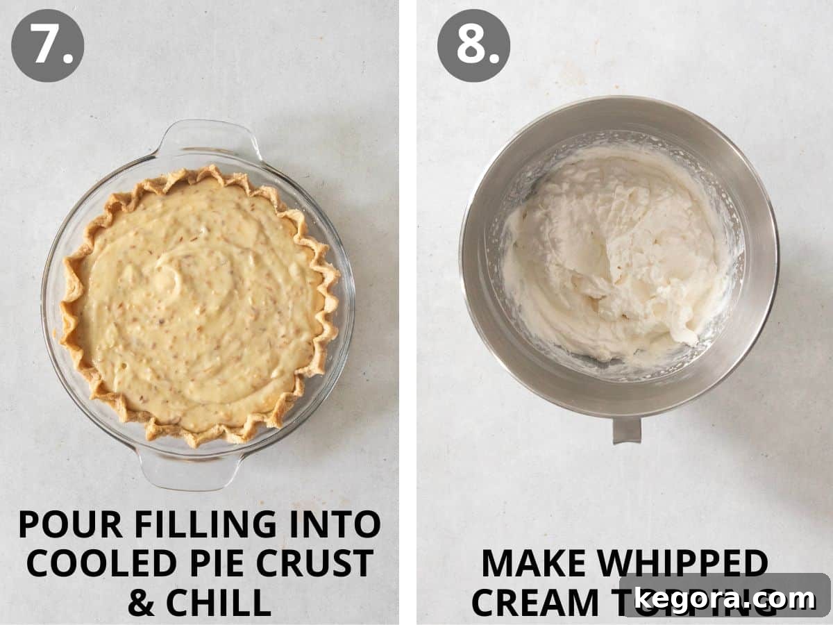 Gluten-Free Coconut Cloud Pie 9 Steps 7 and 8 of making coconut cream pie: pouring filling into crust, chilling, and making whipped cream.