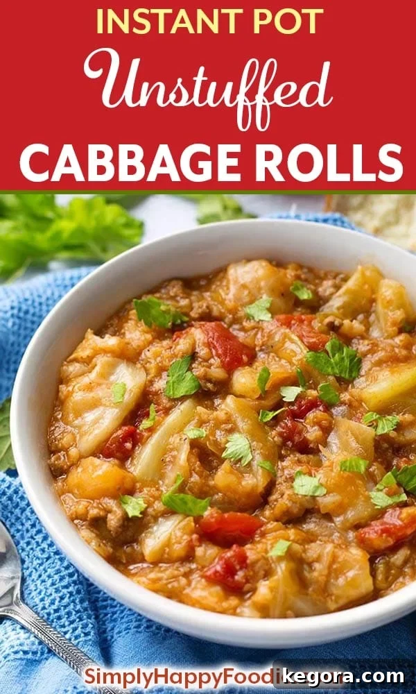 A visual recipe card image for Instant Pot Unstuffed Cabbage Rolls with the title and SimplyHappyFoodie.com logo.