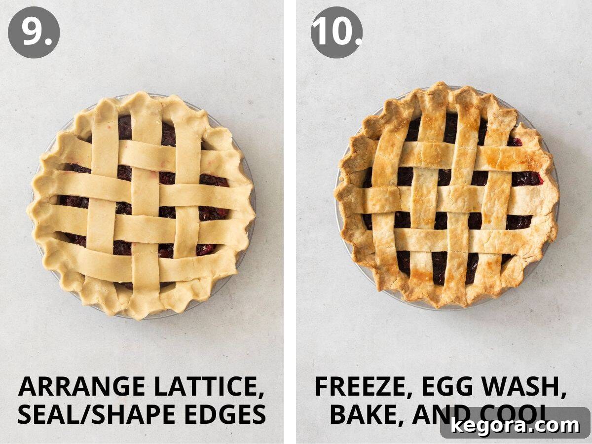 Crimson Cherry Dream 10 Step 9: Arranging the lattice top, crimping the edges, and freezing the assembled pie. Step 10: Applying egg wash, sprinkling with sanding sugar, baking the pie on a pizza steel, and allowing it to cool completely.