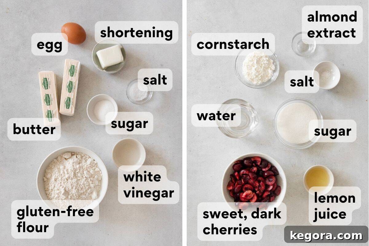 Crimson Cherry Dream 5 Individual ingredients for Gluten-Free Cherry Pie laid out and labeled, including gluten-free flour, frozen butter, fresh cherries, and various spices.