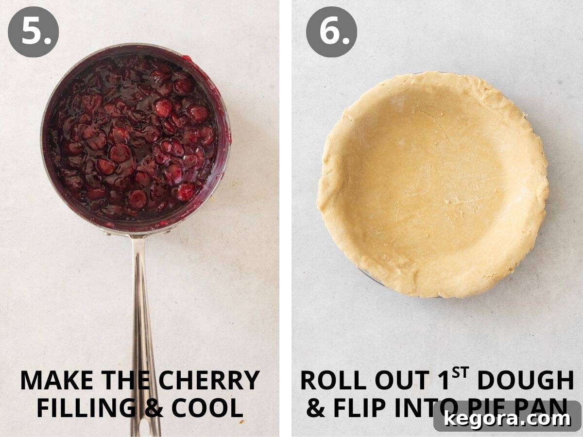Crimson Cherry Dream 8 Step 5: Cooking the cherry pie filling on the stovetop until thick and glossy. Step 6: Rolling out one disc of chilled gluten-free pie dough and carefully placing it into a pie pan.