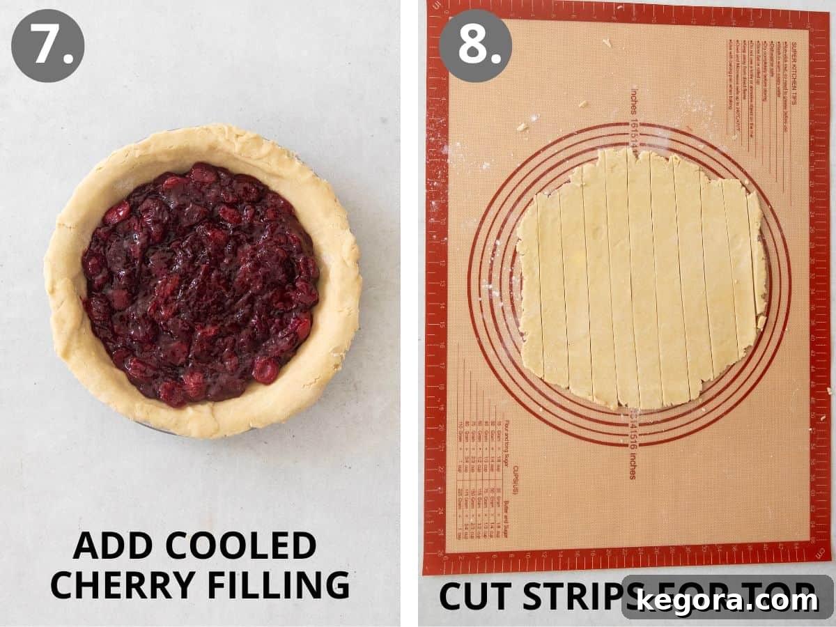 Crimson Cherry Dream 9 Step 7: Pouring the cooled cherry filling into the prepared bottom crust. Step 8: Cutting the second disc of dough into strips for a lattice top.