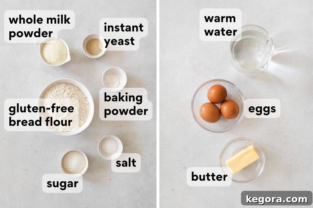 Fluffy Gluten-Free Burger Buns 4 A curated display of ingredients for making gluten-free hamburger buns, neatly measured and labeled on a white surface, ready for baking.