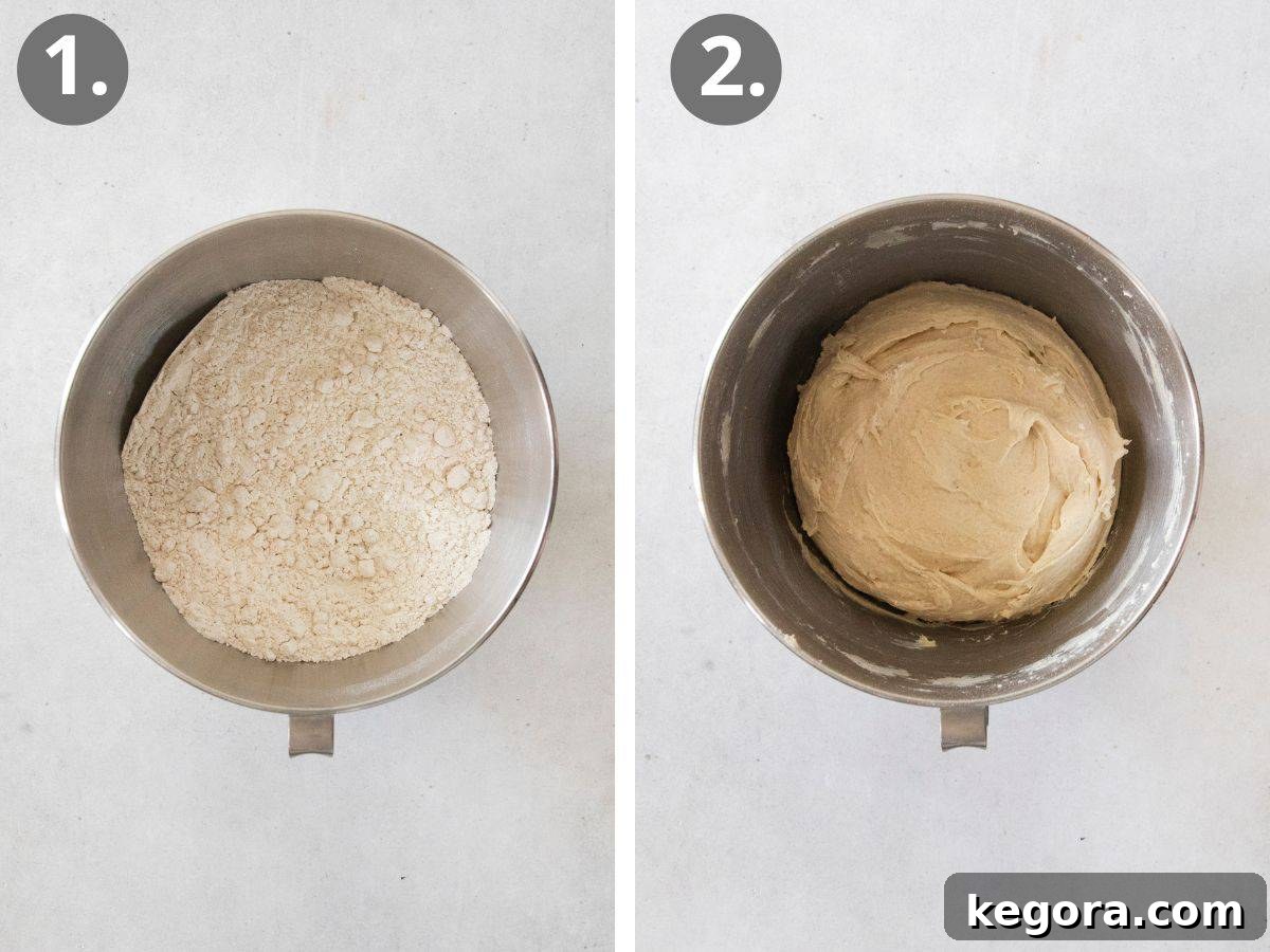 Fluffy Gluten-Free Burger Buns 5 Visual steps 1 and 2 of making gluten-free hamburger bun dough, showing dry ingredients in a mixer bowl and then wet ingredients being added.