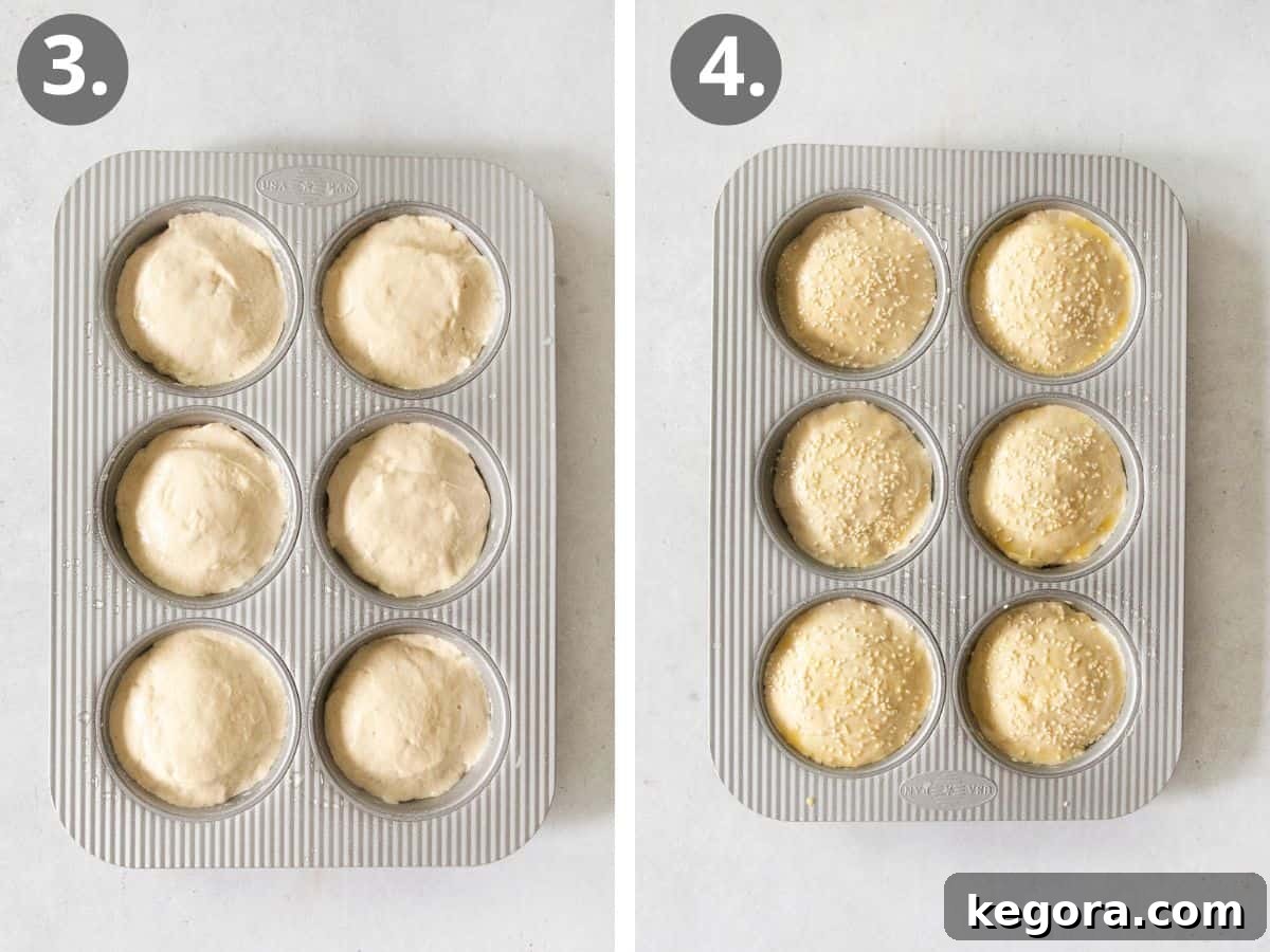 Fluffy Gluten-Free Burger Buns 6 Visual steps 3 and 4 showing portioned hamburger bun dough in mini cake pans, a tray of risen dough, and freshly baked golden-brown buns.