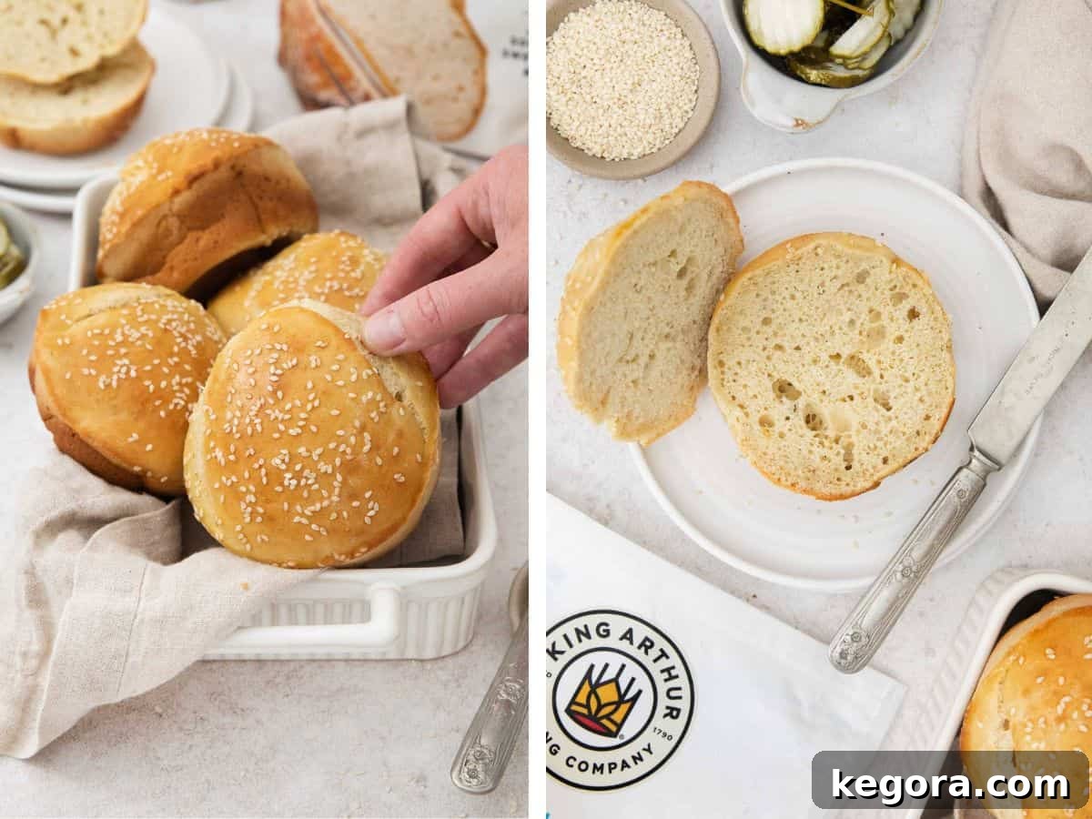 Fluffy Gluten-Free Burger Buns 7 Two enticing photos of gluten-free hamburger buns: one showcasing a dish filled with whole buns, and another with a bun cut open on a plate, revealing its soft, airy interior.