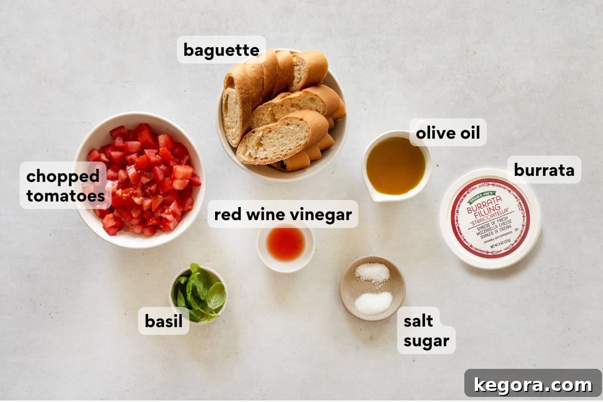 Gluten Free Bruschetta Bliss 4 Gluten-free bruschetta ingredients laid out on a countertop.