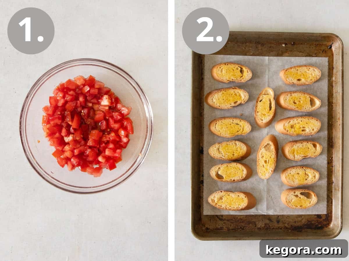 Gluten Free Bruschetta Bliss 5 Gluten-free bruschetta step-by-step instructions, starting with chopped tomatoes in a glass bowl and then baguettes sliced on a baking sheet.