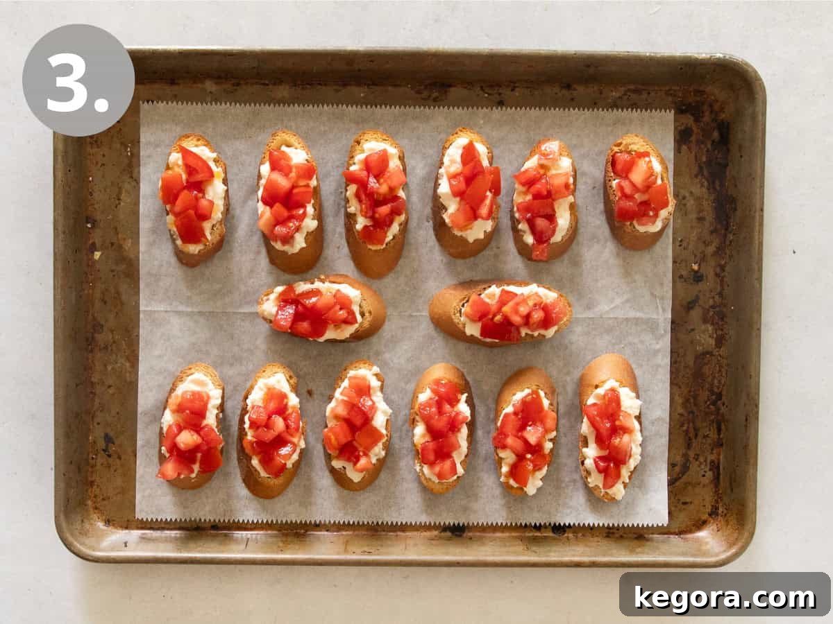 Gluten Free Bruschetta Bliss 6 Gluten-free bruschetta assembled on a baking sheet.