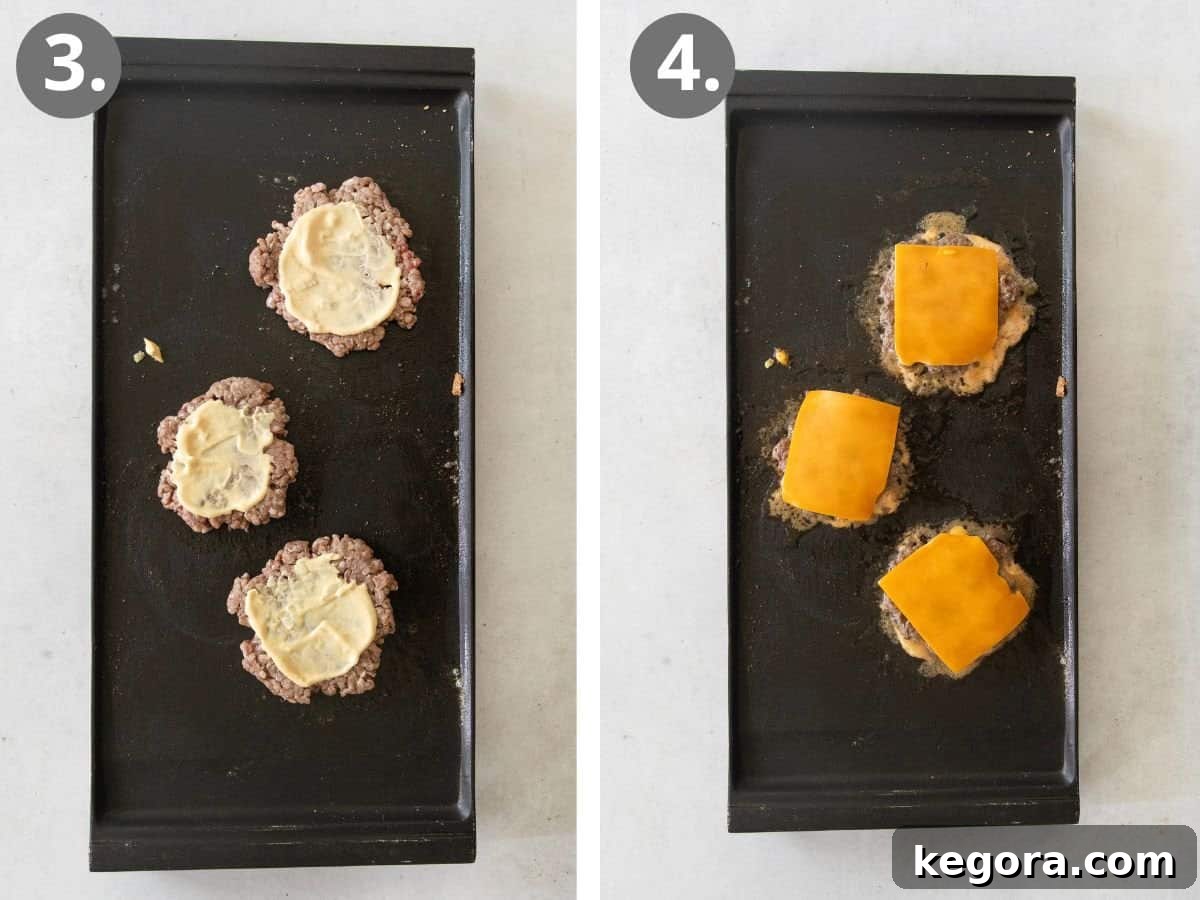 Subsequent steps in the smashburger process: the smashburger sauce being spread onto the uncooked side of the patties, followed by flipping the patties, and adding cheese slices to melt over the hot burgers.
