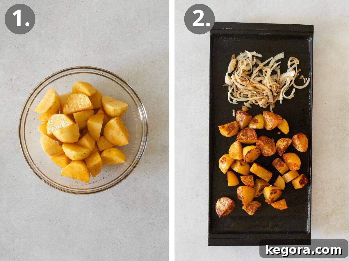 Blackstone Crispy Potatoes 5 A visual step-by-step guide showing potatoes being microwaved for tenderness and then onions and pre-cooked potatoes cooking on a hot griddle for crispiness.