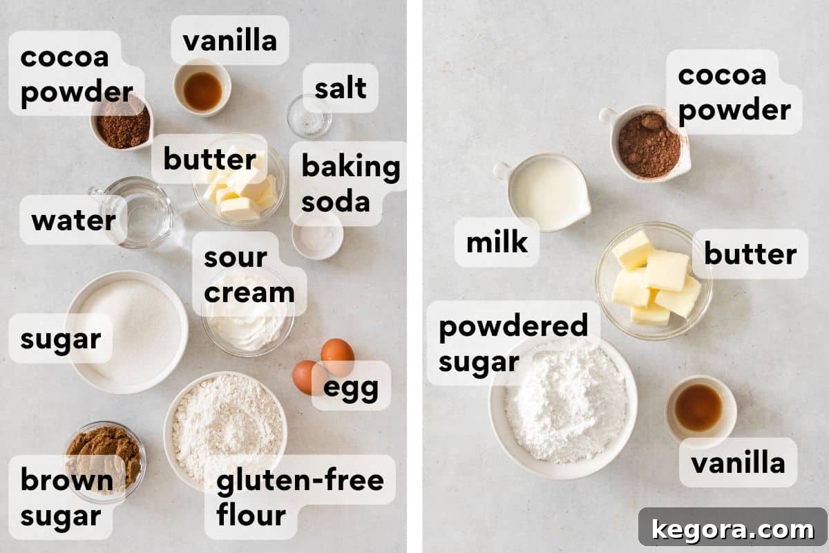 Decadent Gluten-Free Texas Sheet Cake 4 Neatly arranged ingredients for Texas sheet cake, including flour, sugars, butter, cocoa, eggs, and sour cream, each clearly labeled for easy identification.