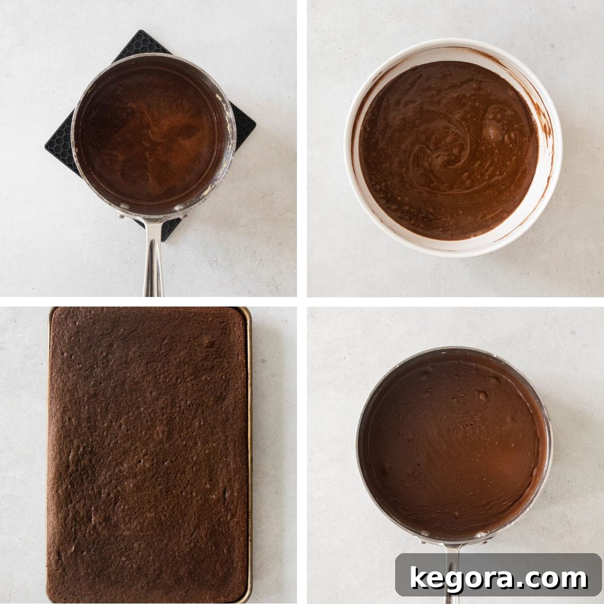 Decadent Gluten-Free Texas Sheet Cake 5 A four-panel collage illustrating the key stages of making Texas sheet cake: blooming cocoa, mixing batter, baking the cake, and pouring the fudgy frosting over the warm cake.