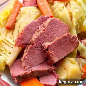 Corned Beef and Cabbage on a white plate with red boarder