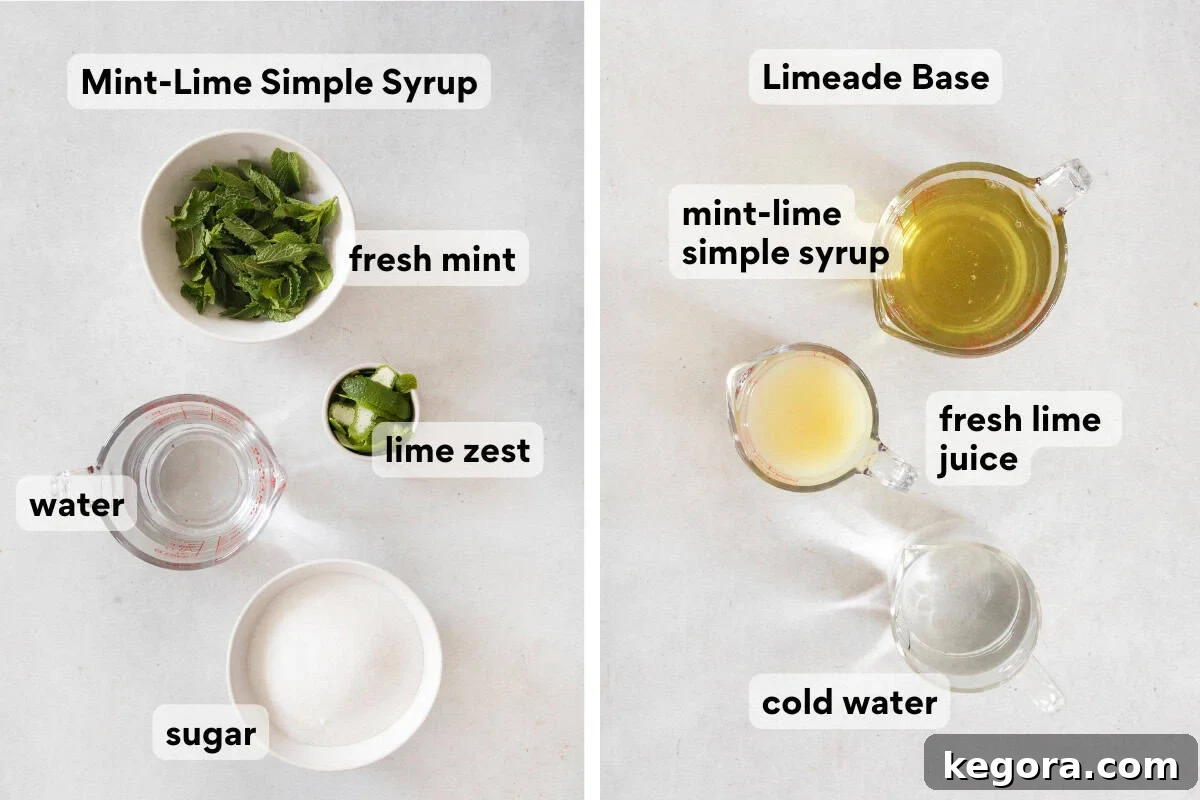 Mint Lime Cooler 4 Fresh ingredients for mint limeade, including limes, fresh mint leaves, and sugar, neatly arranged on a countertop.