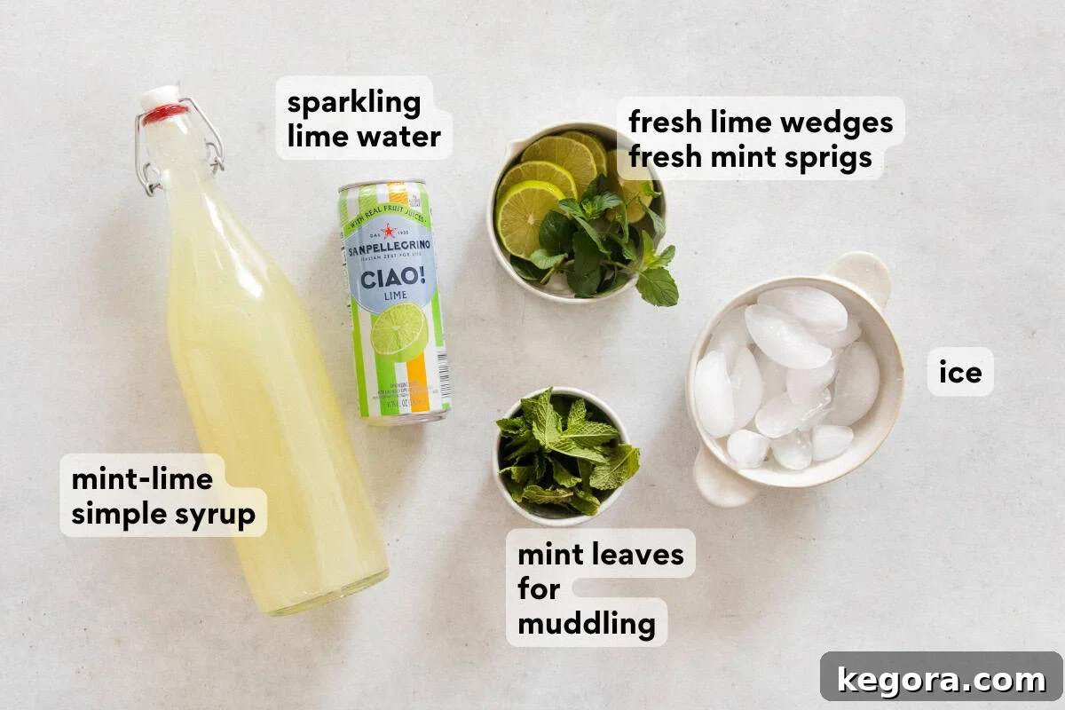 Mint Lime Cooler 6 Ingredients arranged for serving mint limeade, including a pitcher of limeade base, sparkling lime water, fresh mint, and lime slices.