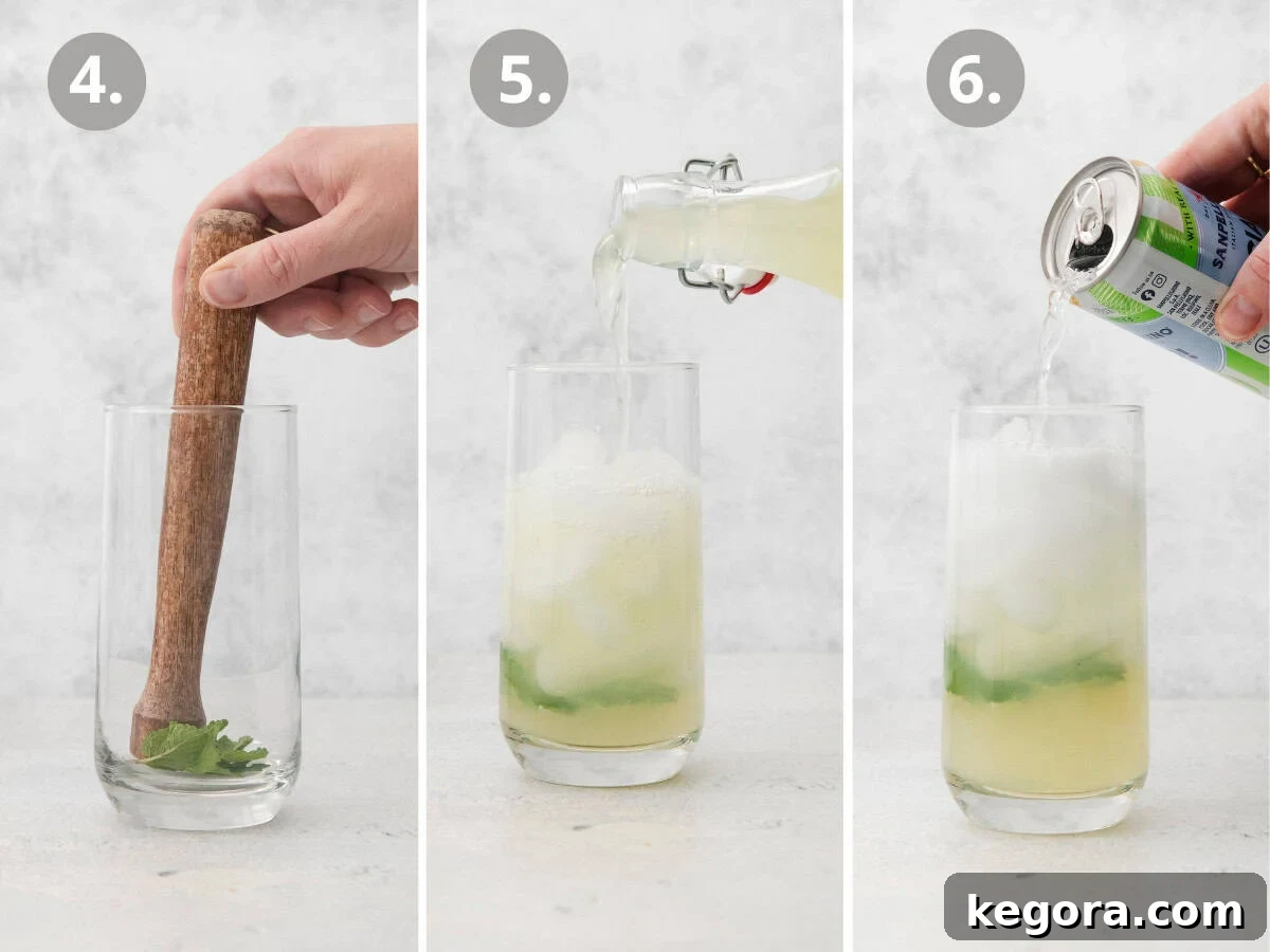 Mint Lime Cooler 7 Two steps of serving mint limeade: muddling fresh mint in a glass, and then adding ice and limeade base.