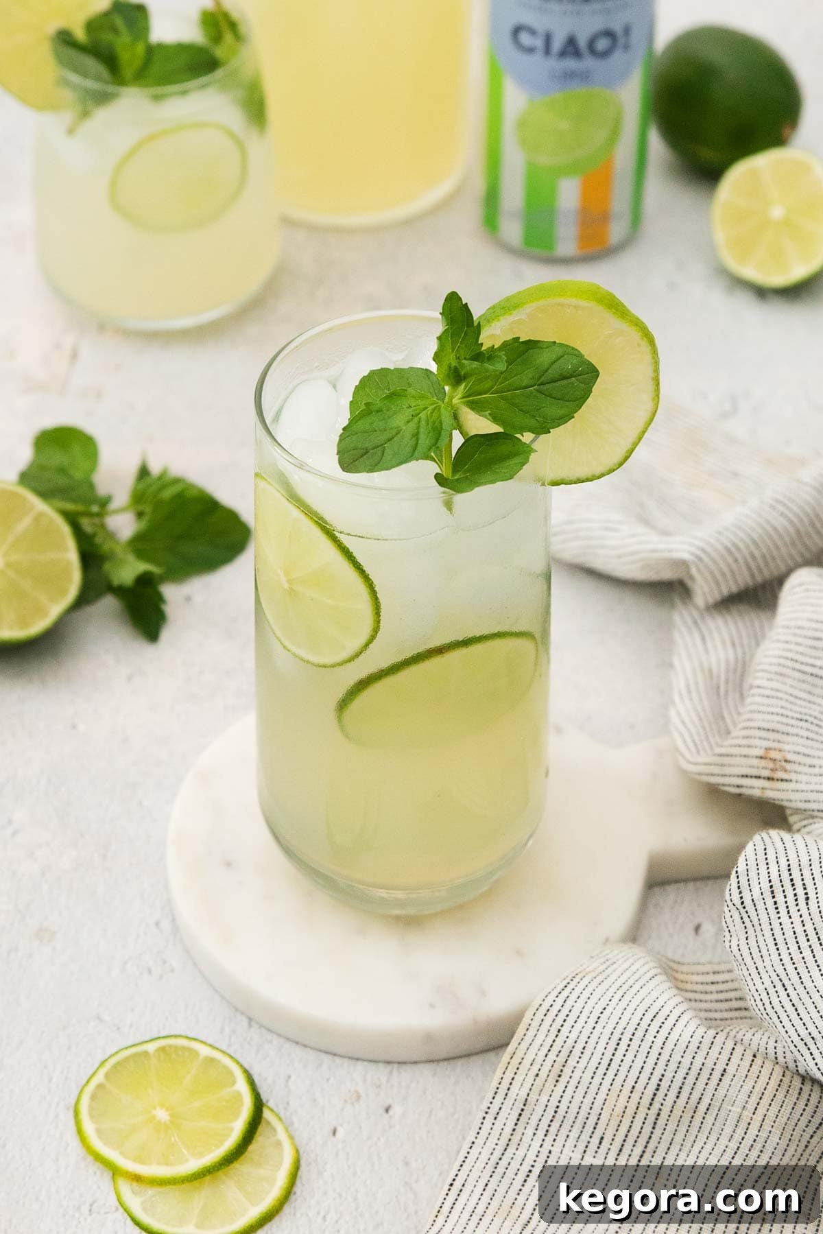Mint Lime Cooler 8 A close-up of a glass of homemade mint limeade, garnished with a lime slice and fresh mint, sitting on a wooden countertop, invitingly cool.