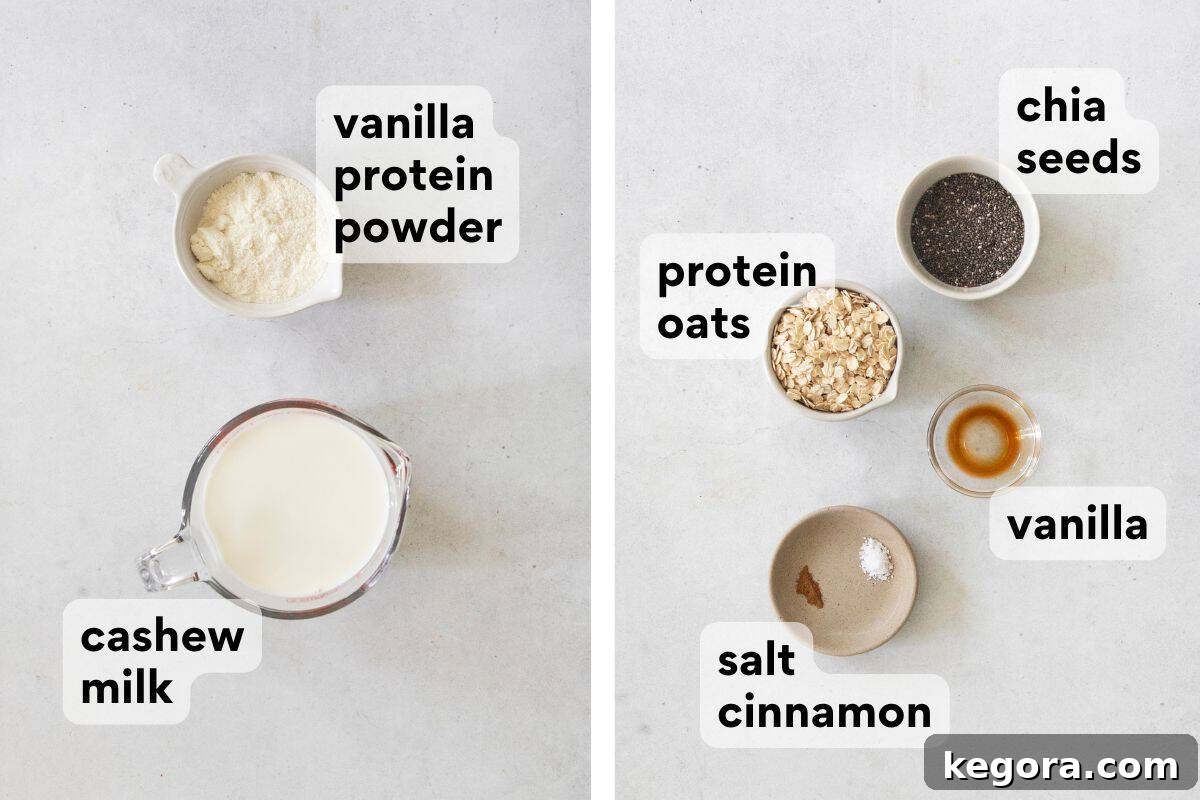 Measured Ingredients for Overnight Oats Organized ingredients for overnight protein chia oats, including oats, chia seeds, protein powder, and cashew milk, all measured and ready for preparation.