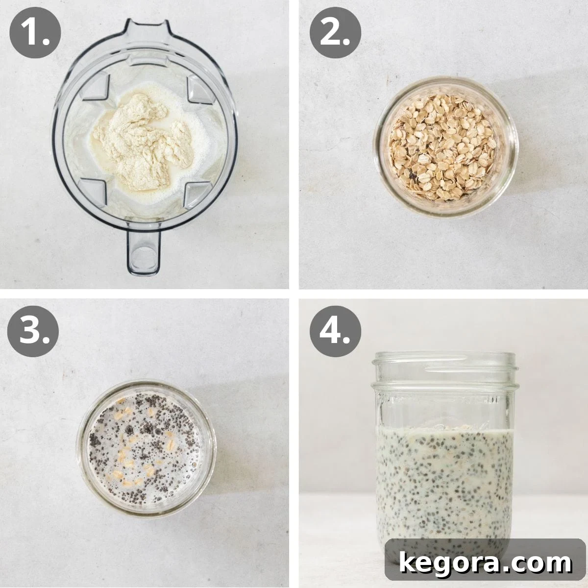 Step-by-Step Overnight Oat Preparation A step-by-step visual guide showing the process of making overnight protein chia oats, from blending ingredients to sealing jars, presented in four distinct images.