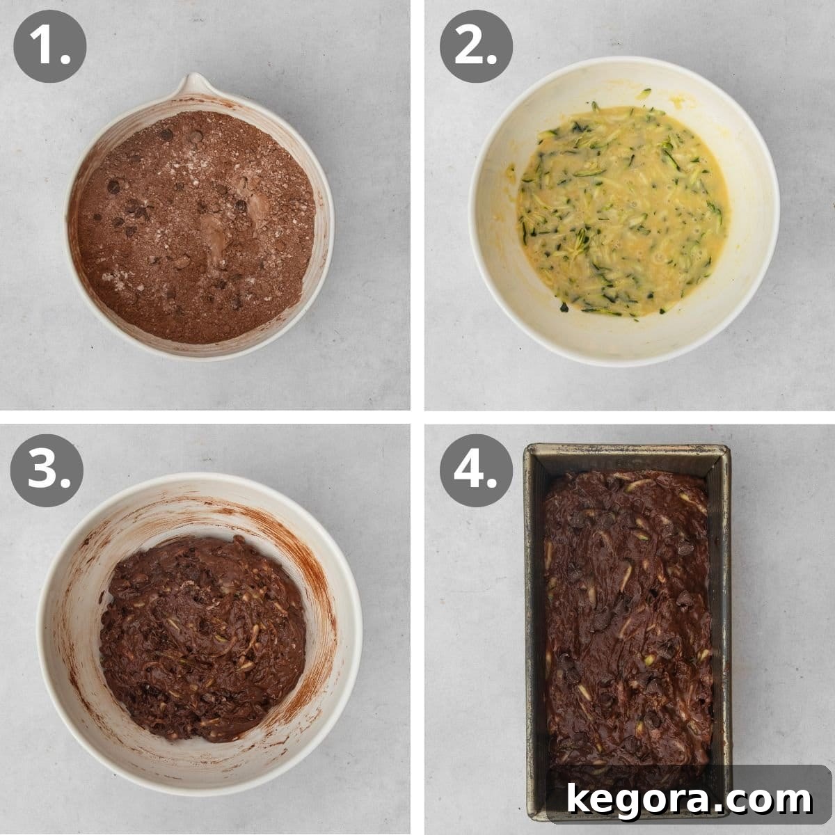 The Ultimate Gluten-Free Double Chocolate Zucchini Bread 5 A visual step-by-step guide showcasing the key stages of making double chocolate zucchini bread: from ingredient mixing to batter in the loaf pan.