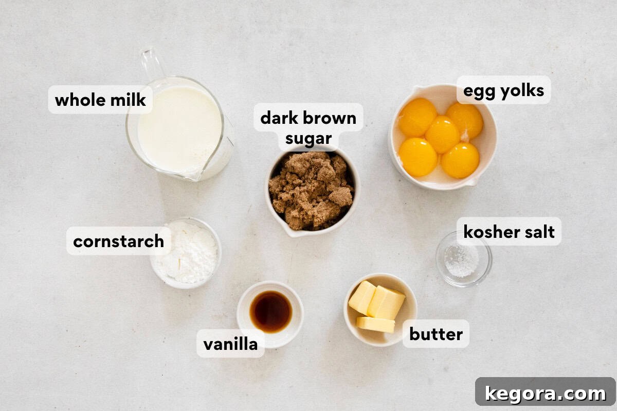 The Finest Butterscotch Pudding 4 A visual display of butterscotch pudding ingredients, carefully measured and labeled, showcasing fresh egg yolks, dark brown sugar, butter, and whole milk.