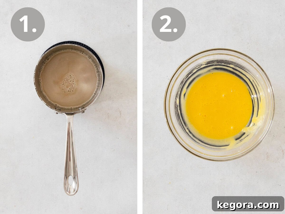 The Finest Butterscotch Pudding 5 Visual steps illustrating the preparation of the milk mixture with brown sugar and the separate whisking of egg yolks and cornstarch.