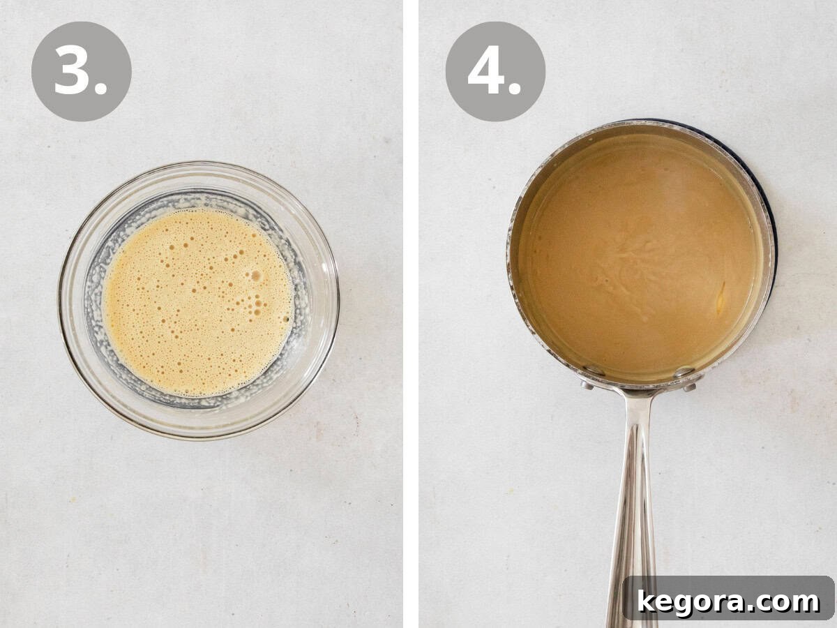 The Finest Butterscotch Pudding 6 Detailed photographic steps showing the tempering of eggs and the subsequent cooking of the custard until thick, emphasizing constant whisking.