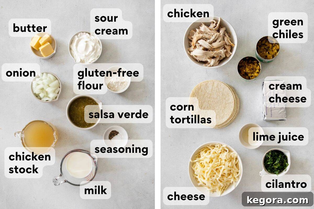 A flat lay of all measured and labeled ingredients for gluten-free green chicken enchiladas, ready for preparation.