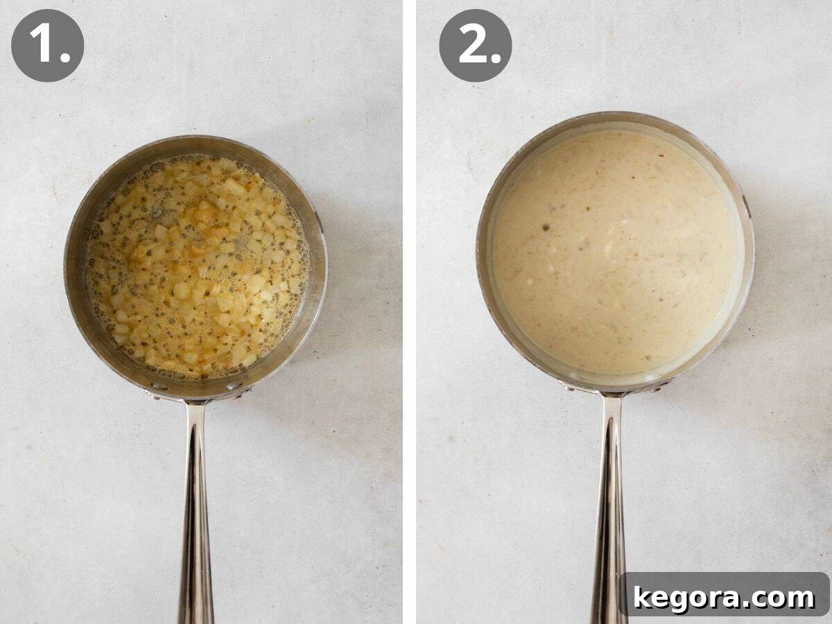 A visual guide showing the initial steps to prepare the creamy green chile sauce for enchiladas, including sautéing onions and whisking in liquids.