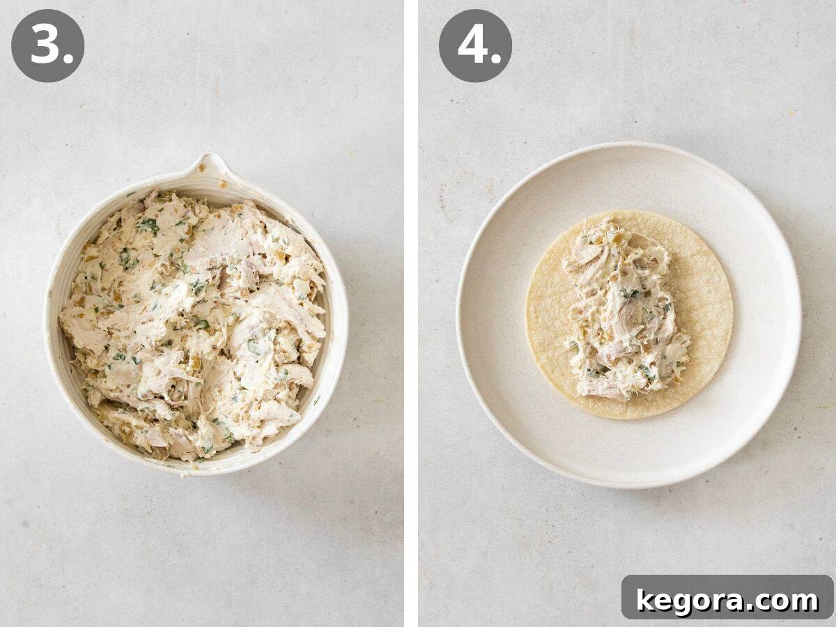 Detailed visual steps demonstrating how to prepare the chicken filling and expertly assemble the enchiladas by rolling them.