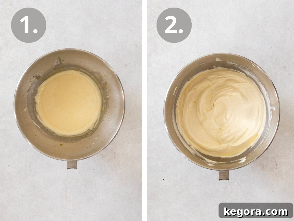 A visual guide showing heavy whipping cream and egg yolks in one bowl, and the mixture beautifully whipped together in another bowl, illustrating the creamy consistency of the tiramisu base.