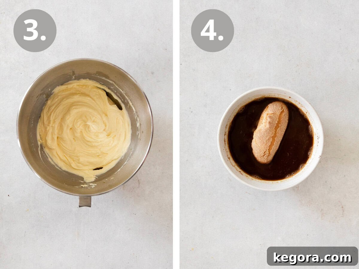 Two images side-by-side: one showing the creamy tiramisu filling being prepared in a bowl, and the other depicting a ladyfinger being gently dipped into a bowl of espresso, ready for assembly.
