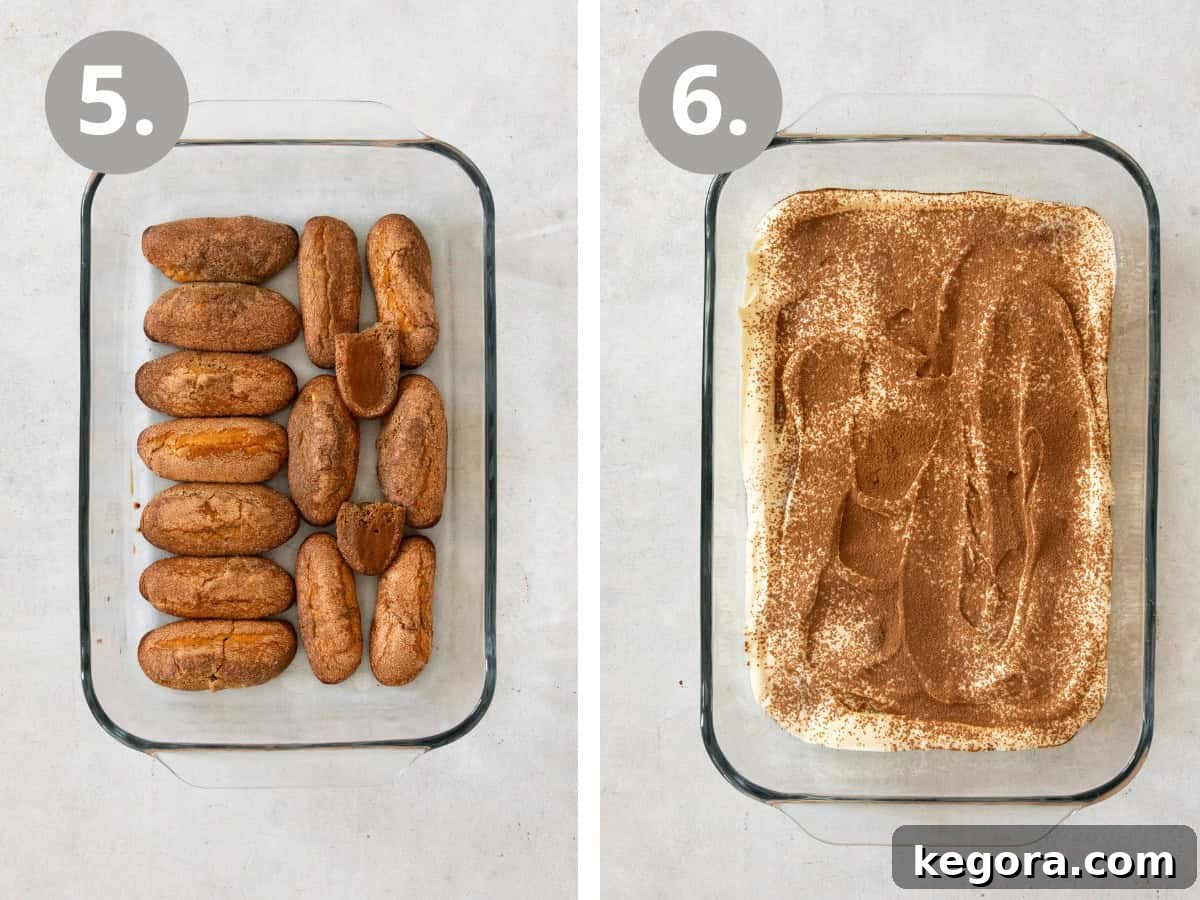A sequence of images demonstrating the layering process of tiramisu: first, a layer of coffee-dipped ladyfingers arranged neatly in a baking dish, followed by a fully assembled and dusted gluten-free tiramisu in the same dish, ready for chilling.