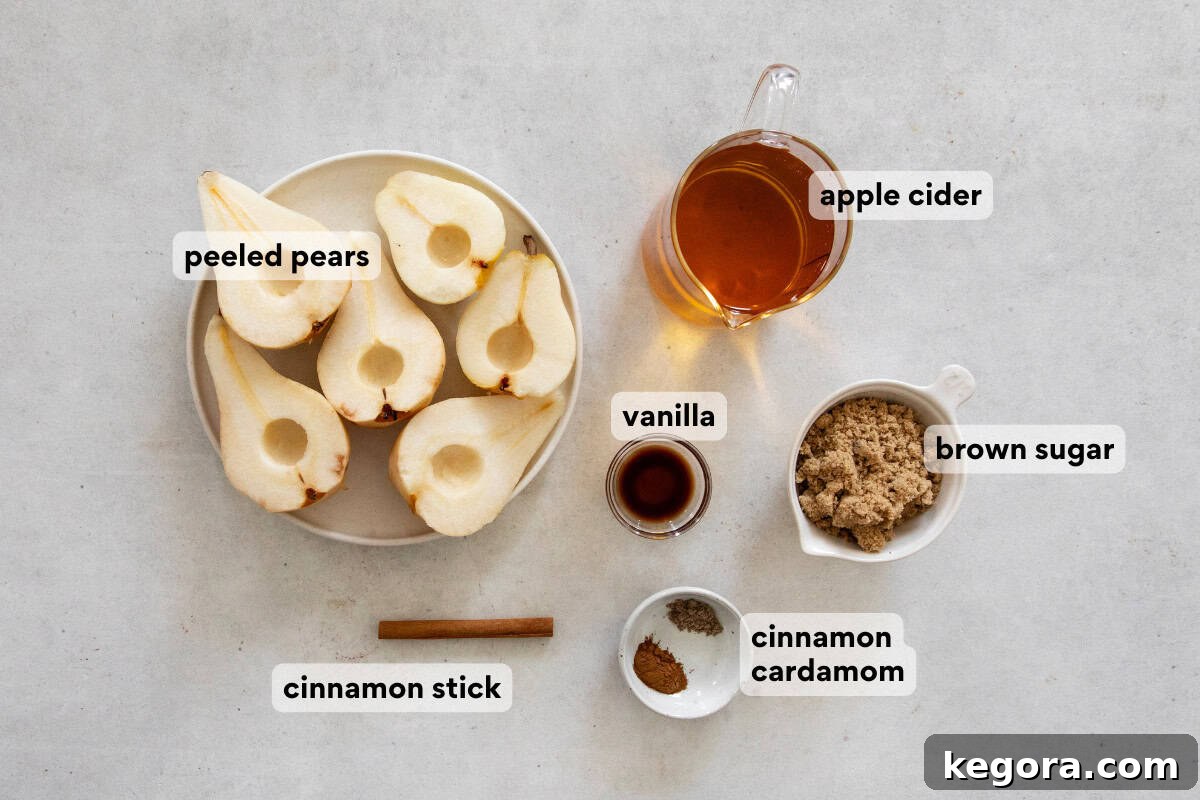 Various ingredients for poached pears, including whole pears, apple cider, and spices, neatly arranged on a kitchen countertop.