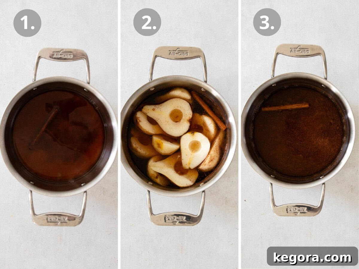 A visual step-by-step guide showing the process of making poached pears, from combining ingredients to pears simmering in liquid.