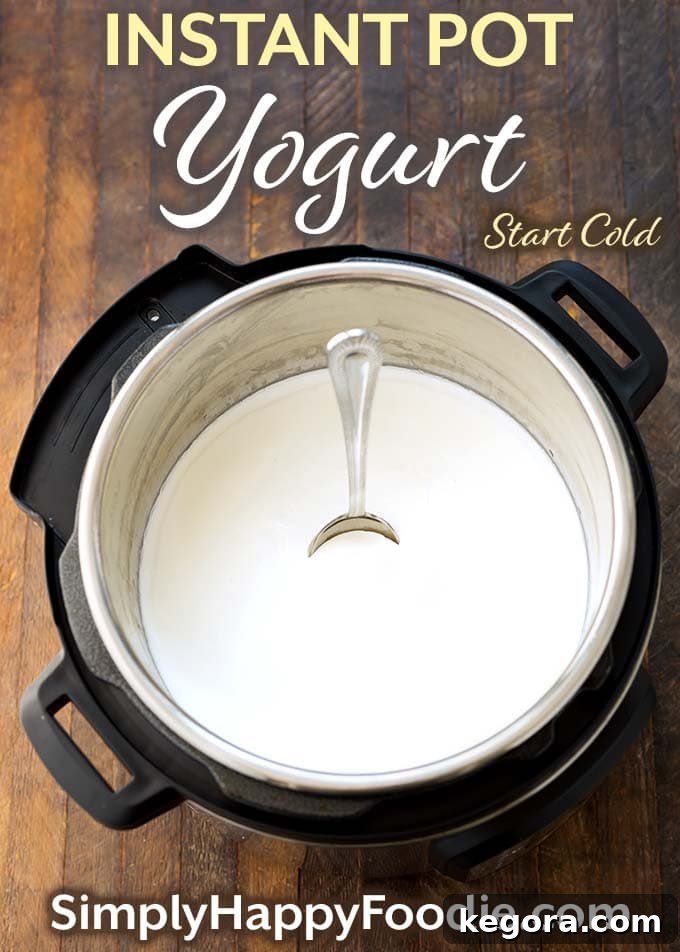 Effortless Instant Pot Yogurt 7 Instant Pot Yogurt in pressure cooker with title and simplyhappyfoodie.com logo, an ideal image for Pinterest.