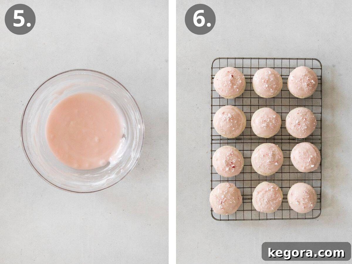 Velvet Gluten-Free Peppermint Melts 6 Image illustrating steps to prepare the glaze and decorate the baked cookies.