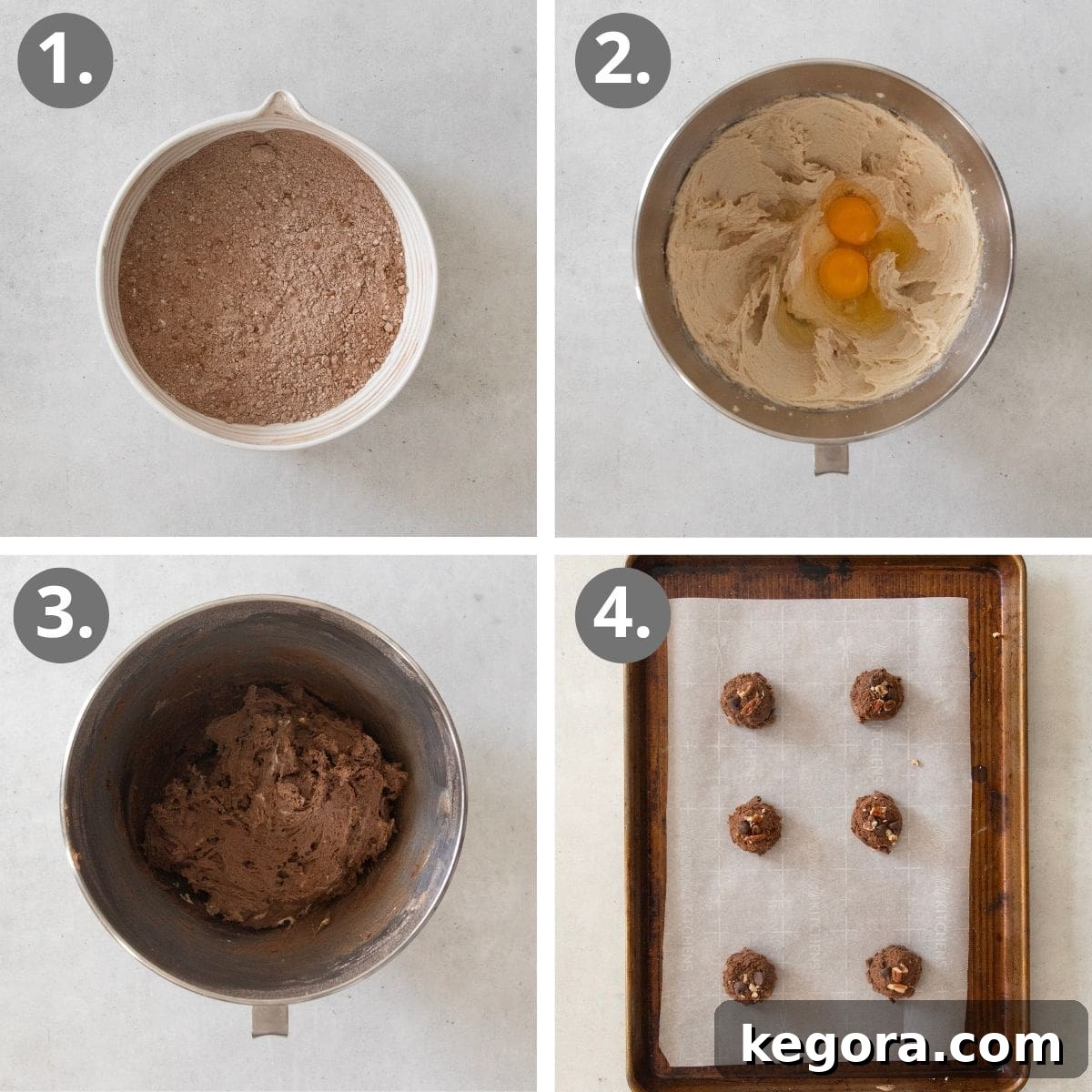 Decadent Gluten-Free Turtle Cookies 5 A visual guide showing the steps to make chocolate turtle cookies, from mixing the dough to baking on a sheet.