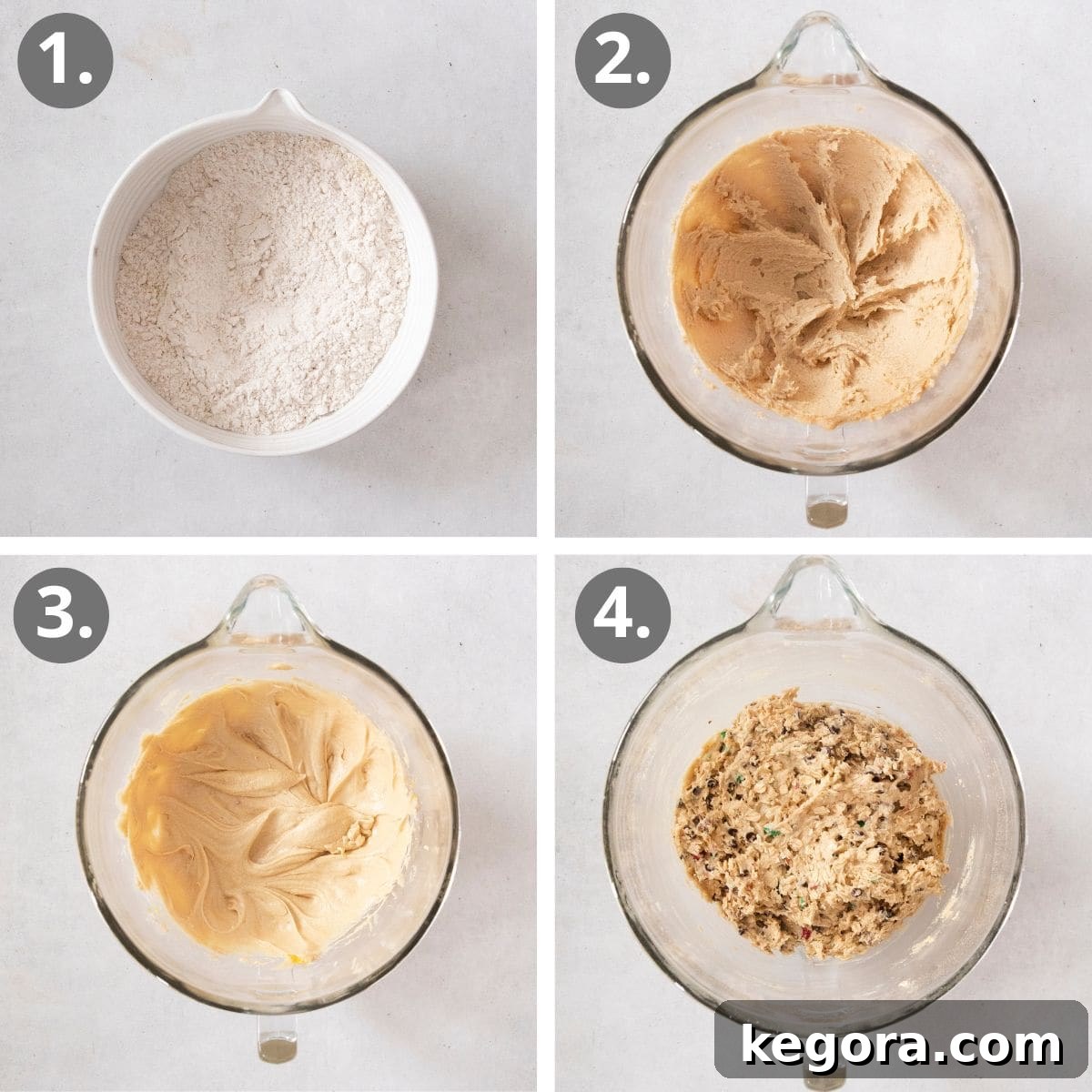 Detailed steps for making the cookie dough, showing gluten-free ingredients being mixed in bowls with a stand mixer.